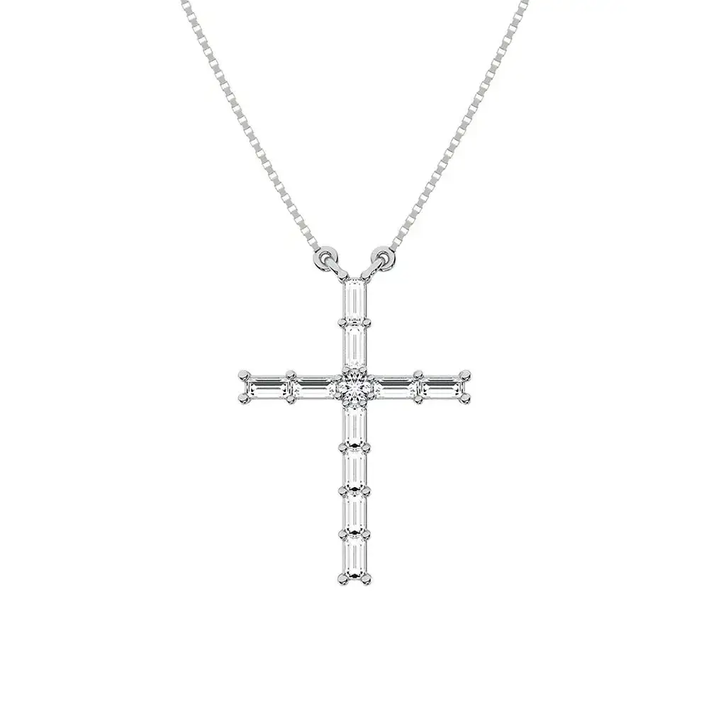 10K White Gold 1/4 Ct.Tw. Diamond Round and Baguette Cross Necklace
