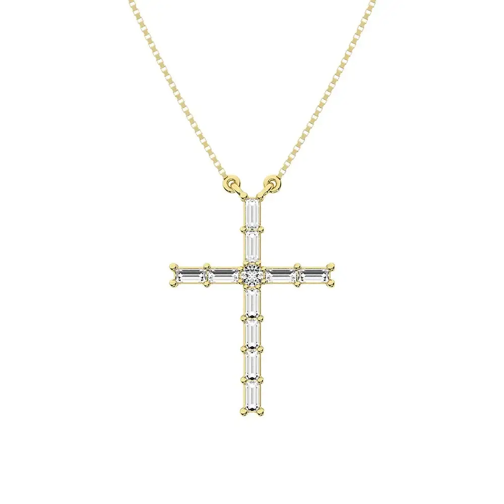 10K Yellow Gold 1/4 Ct.Tw. Diamond Round and Baguette Cross Necklace