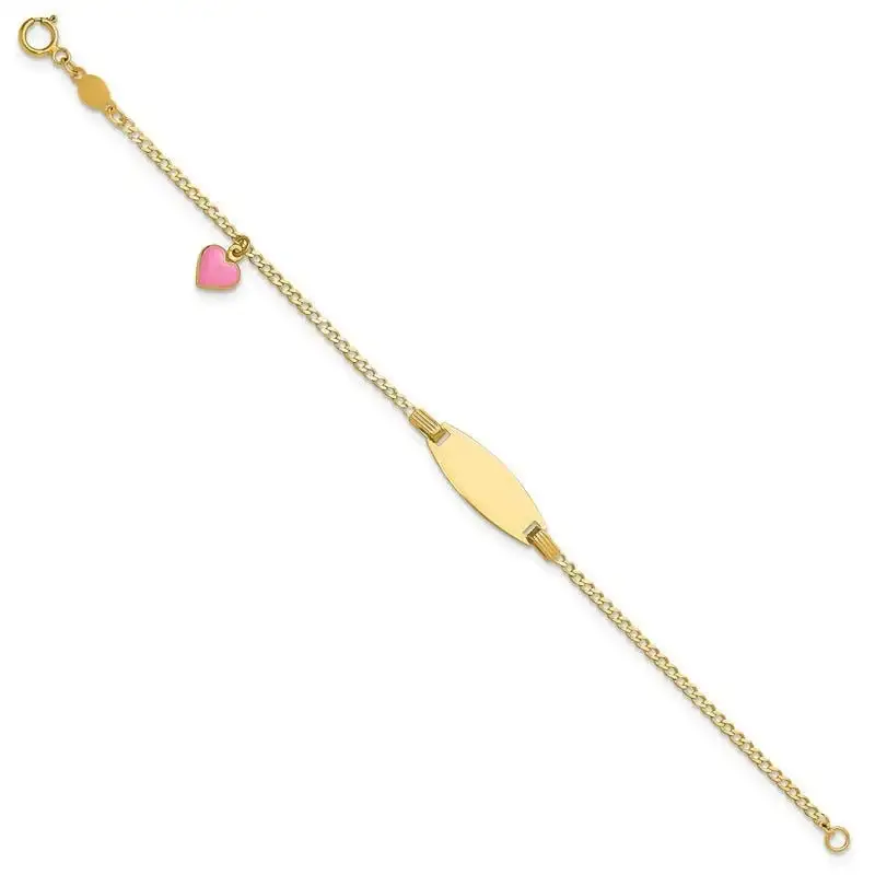14k Polished Kids ID with Pink Enameled Puff Heart 5.5in Bracelet - Image 2