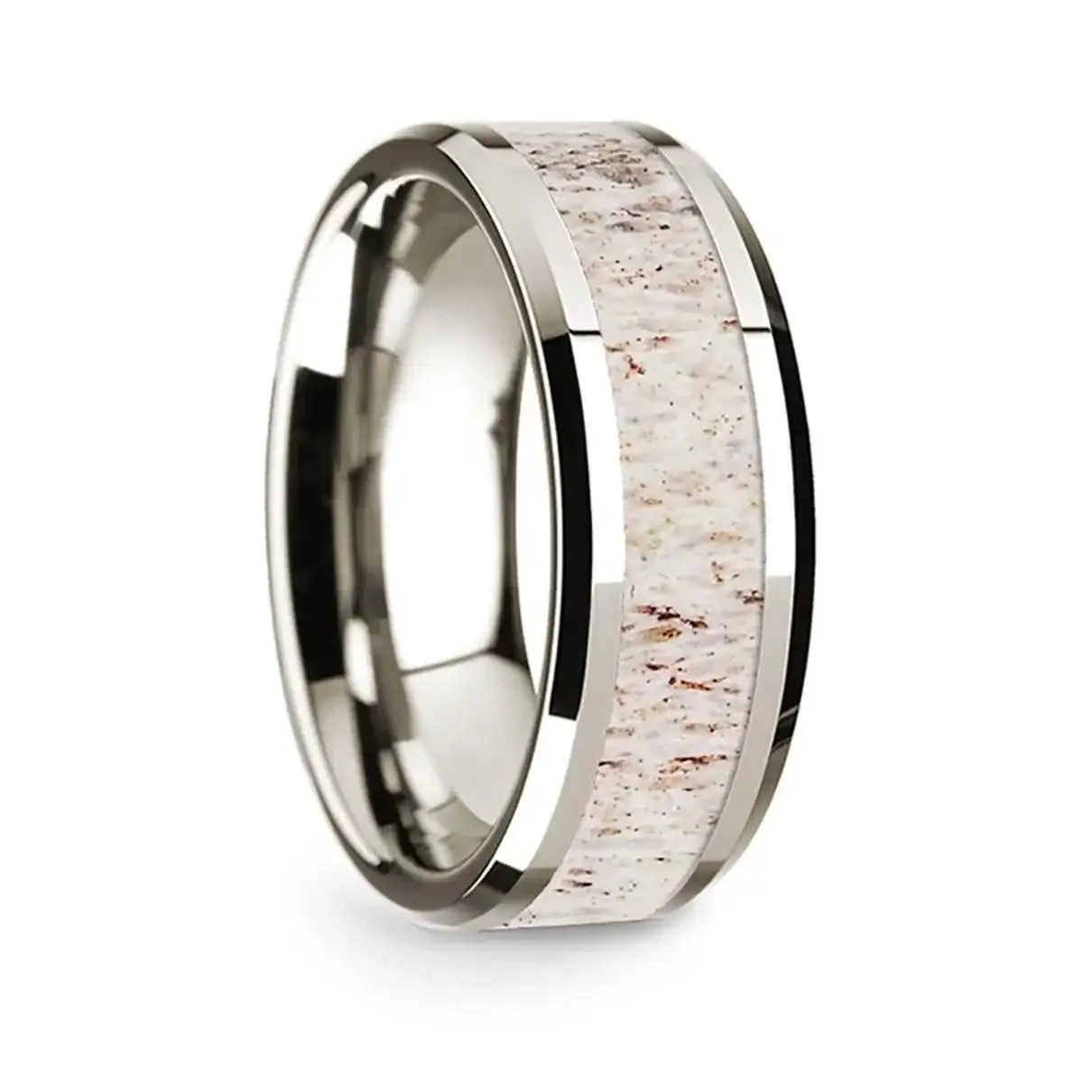 14k White Gold Polished Beveled Edges Wedding Ring with White Deer Antler Inlay - 8 mm