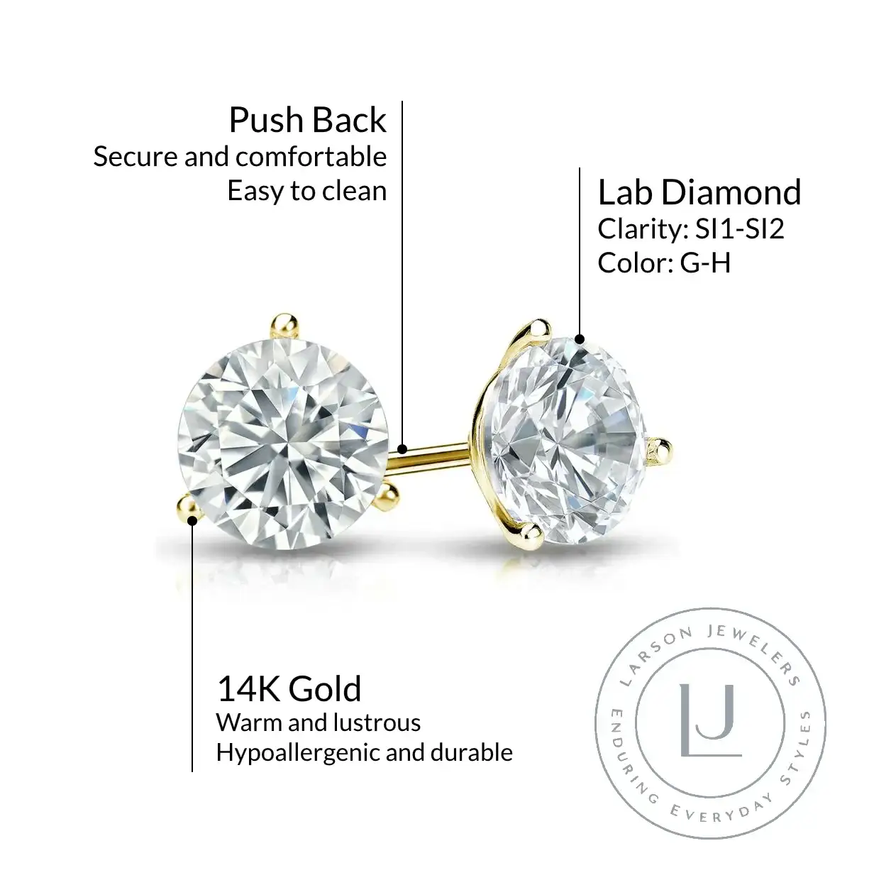 14k Yellow Gold 3-Prong Solitaire Martini Studs with Round Lab Grown Diamond - Image 4