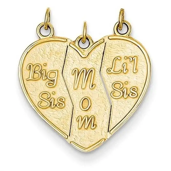 14k Yellow Gold Big Sis, Mom, Lil Sis Break-Apart Heart Charm Pendant