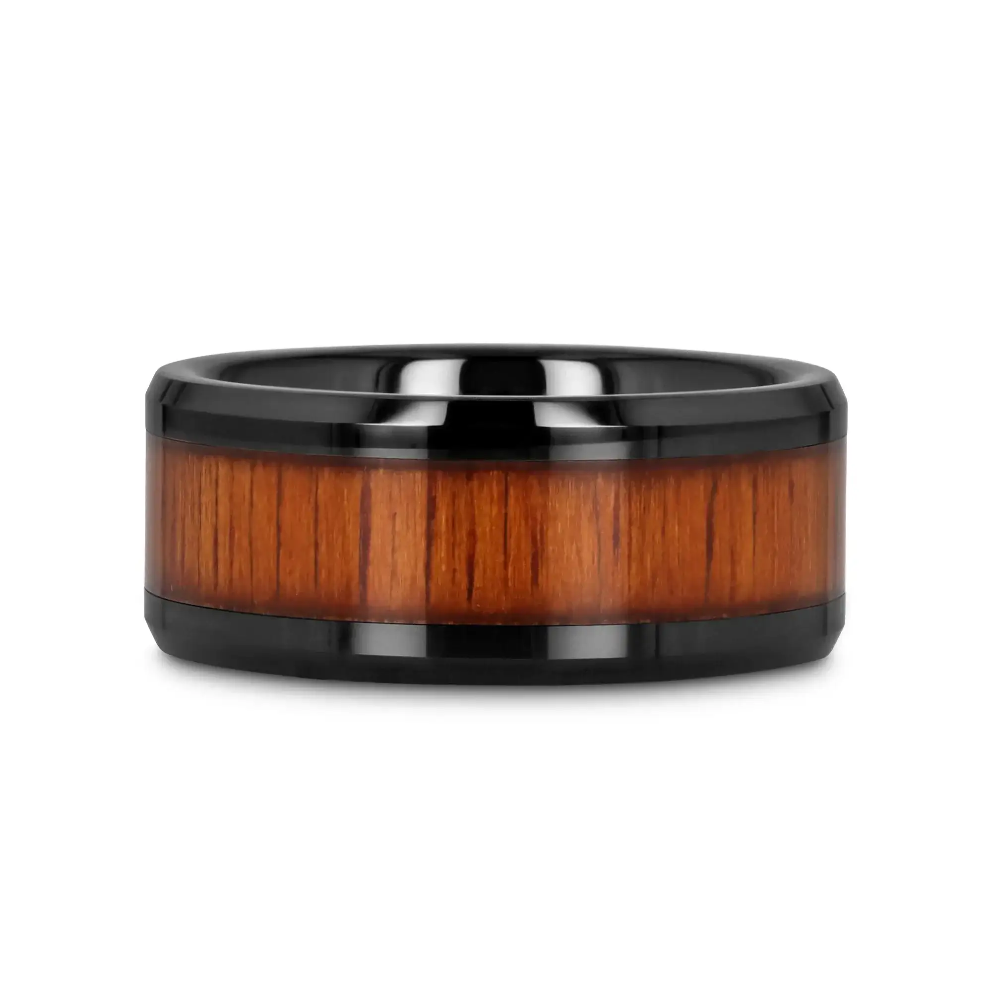 ACACIA Koa Wood Inlaid Black Ceramic Ring with Bevels - 4mm - 12mm - Image 15