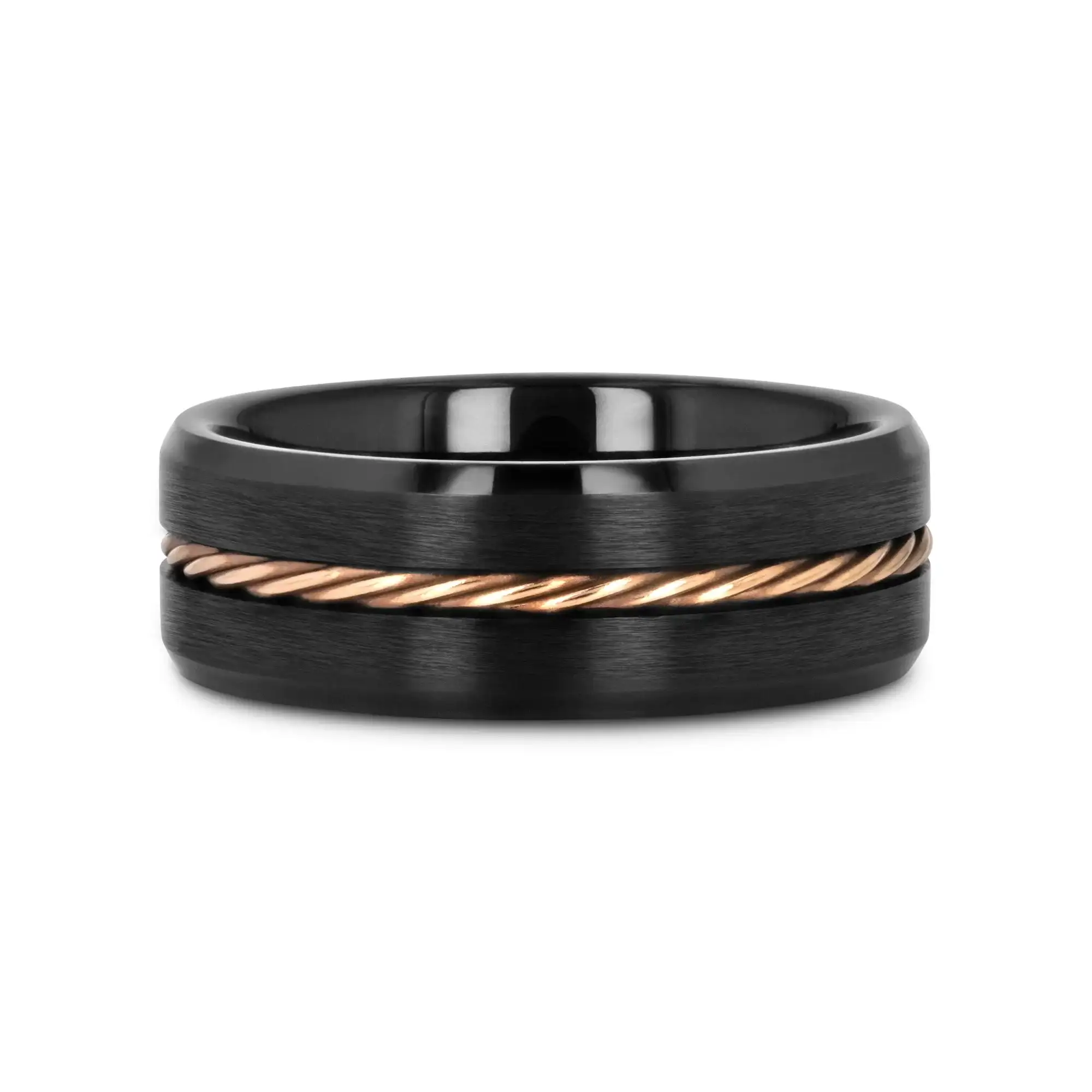 ADELARD Rose Gold Braided Cable Black Tungsten Men’s Wedding Band, Brushed Center with Polished Beveled Edges – 8mm - Image 3