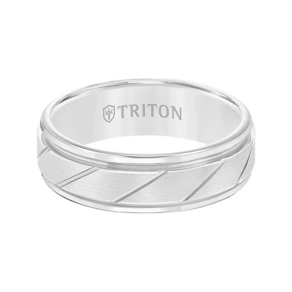ADLER White Tungsten Ring with Brushed Diagonally Grooved Center by Triton Rings - 7mm - Image 3