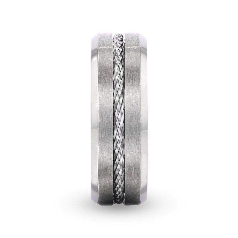 ALBERT Steel Cable Inlaid Brushed Center Titanium Men's Wedding Band With Beveled Polished Edges - 8mm - Image 2