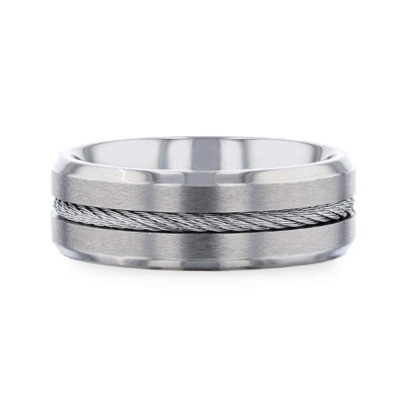 ALBERT Steel Cable Inlaid Brushed Center Titanium Men's Wedding Band With Beveled Polished Edges - 8mm - Image 3