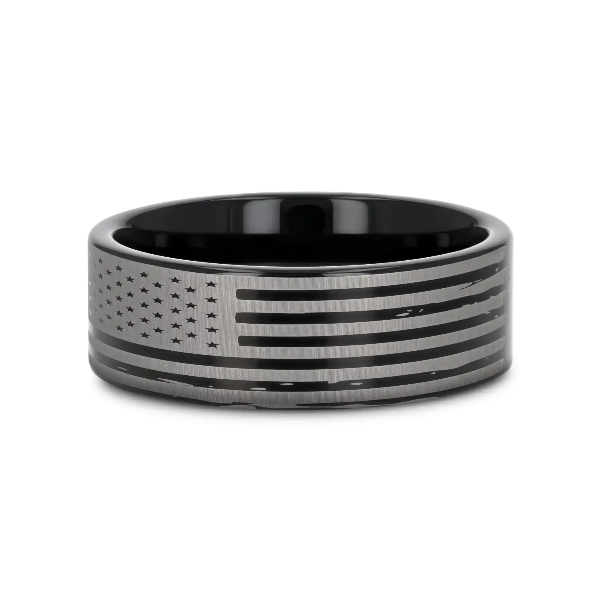 American Flags Engraved Flat Polished Black Tungsten Bands - Image 3