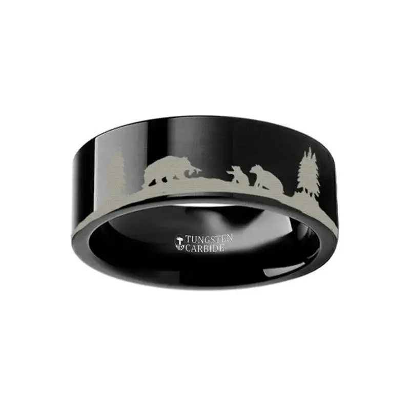 Animal Landscape Scene Bears Bear Cubs Engraved Flat Black Tungsten Ring - 4mm -12mm