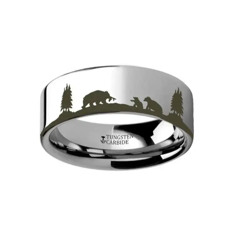Animal Landscape Scene Bears Bear Cubs Engraved Flat Tungsten Ring - 4mm - 12mm