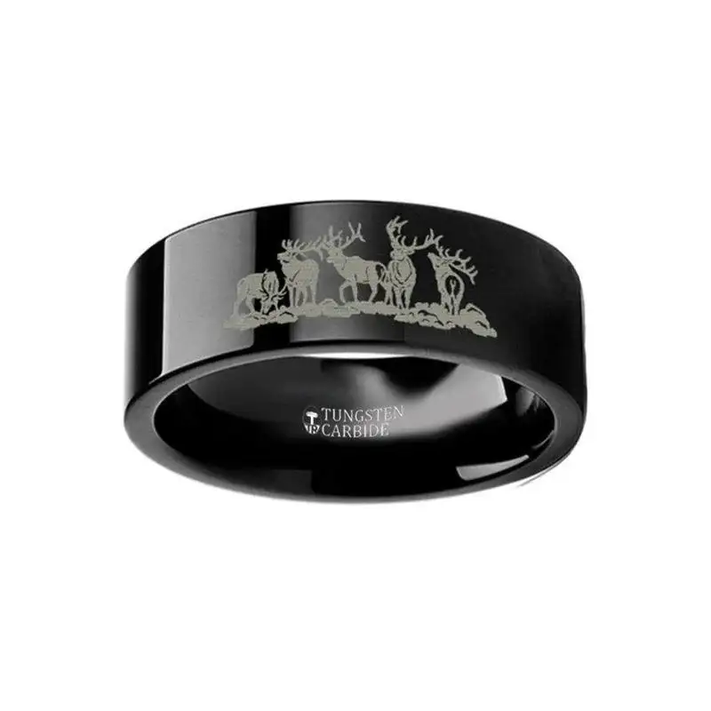Animal Landscape Scene Five Deer Stag Hunting Engraved Flat Black Tungsten Ring - 4mm - 12mm
