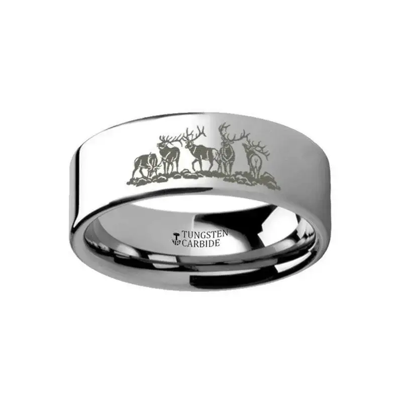Animal Landscape Scene Five Deer Stag Hunting Engraved Flat Tungsten Ring - 4mm - 12mm