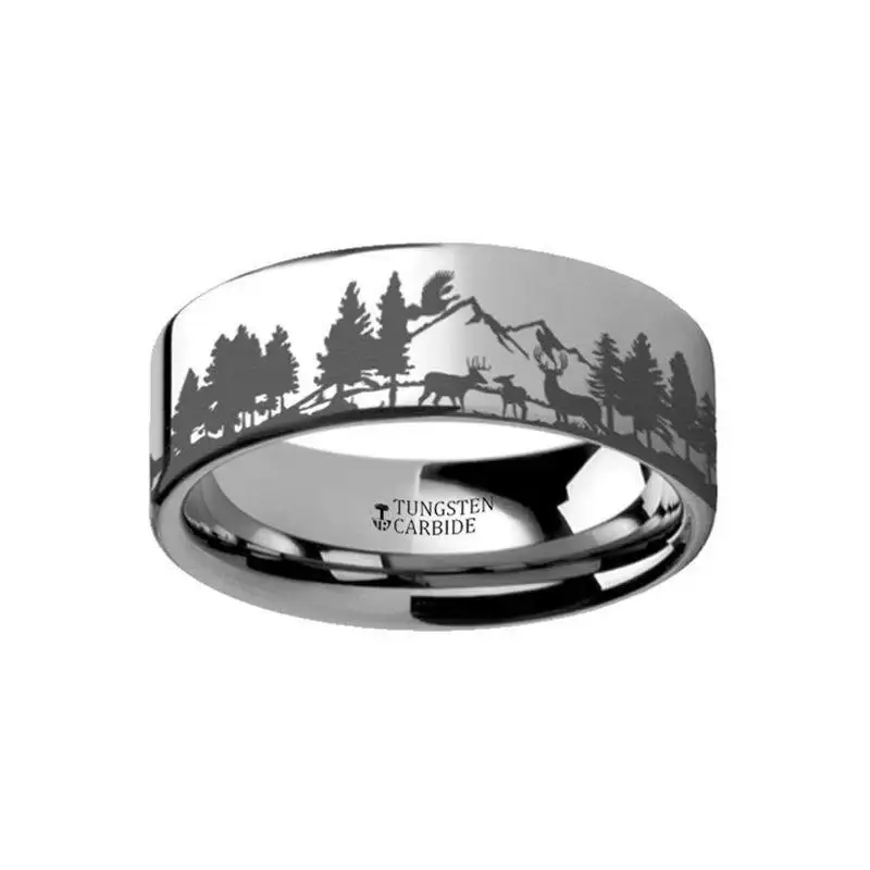 LASSEN Animal Landscape Scene Reindeer Deer Stag Mountain Range Engraved Flat Tungsten Ring - 4mm - 12mm