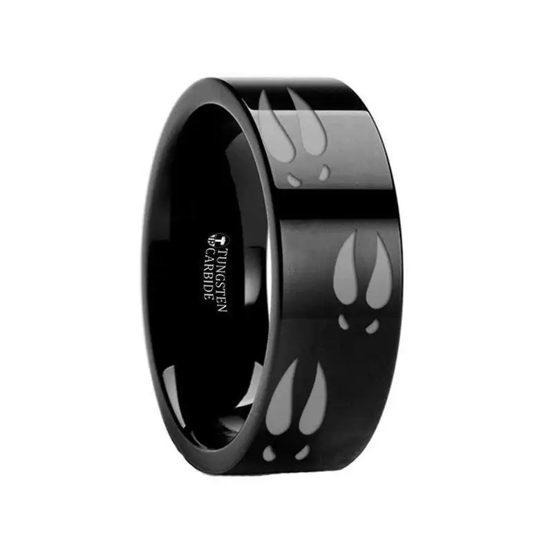 Animal Track Deer Print Engraved Flat Black Tungsten Ring - 4mm - 12mm