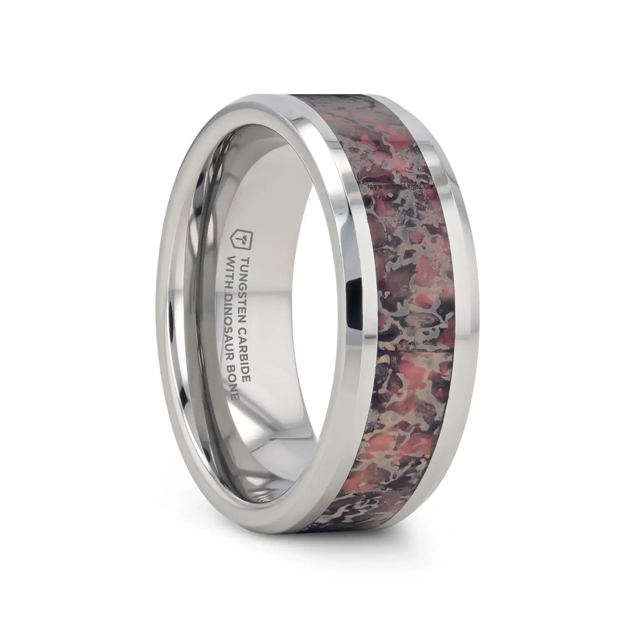 ARCHEAN Pink Dinosaur Bone Inlaid Tungsten Carbide Beveled Edged Ring - 4mm - 8mm - Image 4