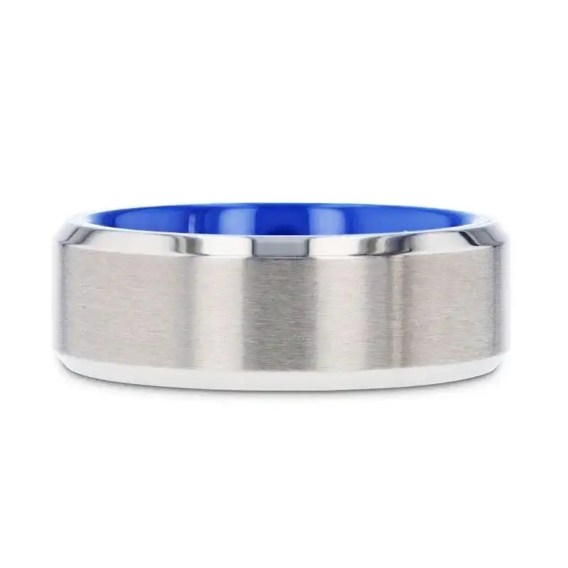 ARCTIC Flat Beveled Edges Titanium Ring with Brushed Center and Vibrant Blue Inside - 8mm - Image 3