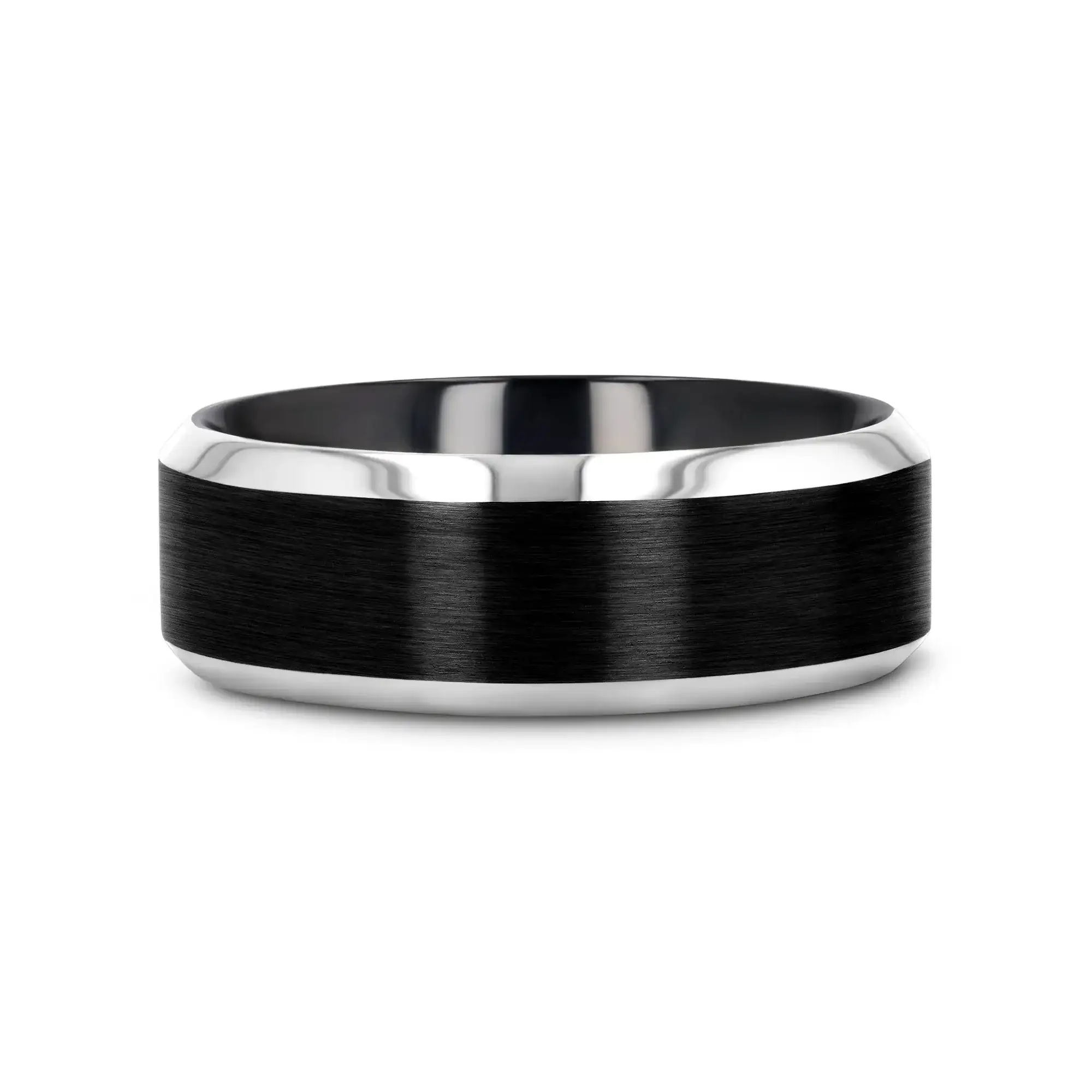 ATNOS Men’s Black Titanium Wedding Ring with Brushed Center and Polished Beveled Edges — 6mm & 8mm - Image 3