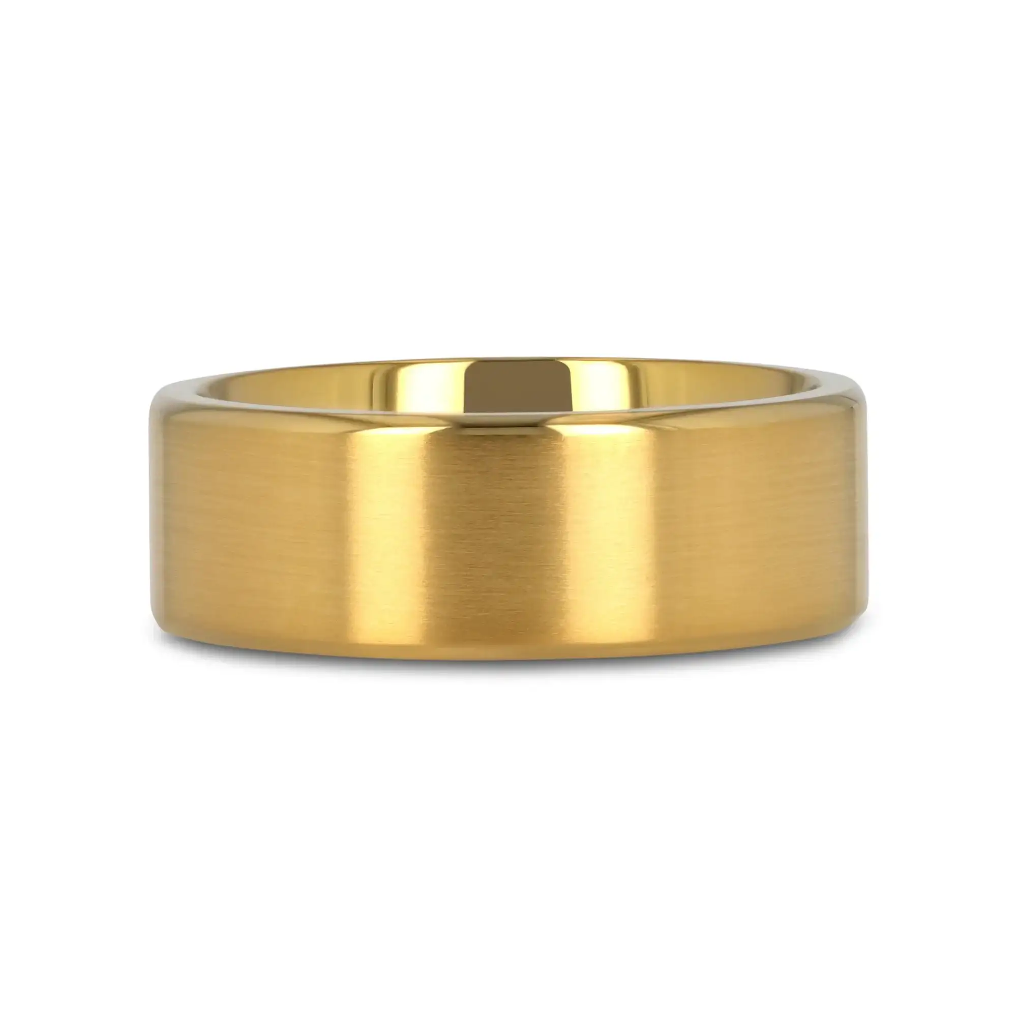 AURELIANO Yellow Gold Plating Titanium Men's Wedding Band With Flat Brushed Finish Center And Rounded Polished Edges - 8mm - Image 3
