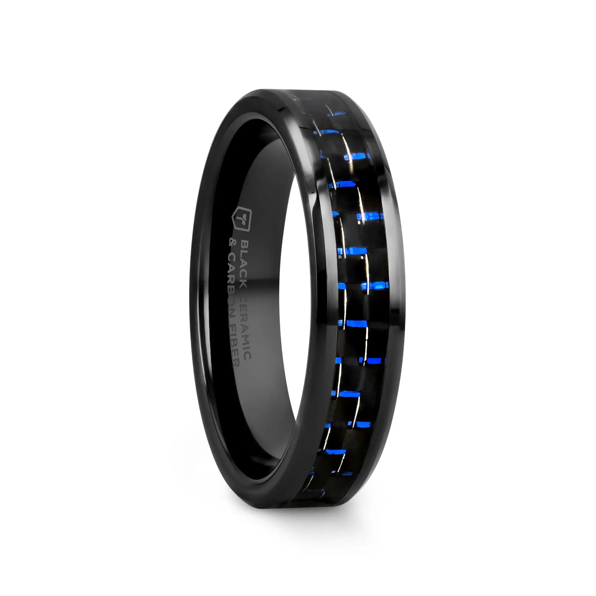 AVITUS Black Beveled Ceramic Ring with Blue & Black Carbon Fiber Inlay - 4mm - 10mm - Image 7