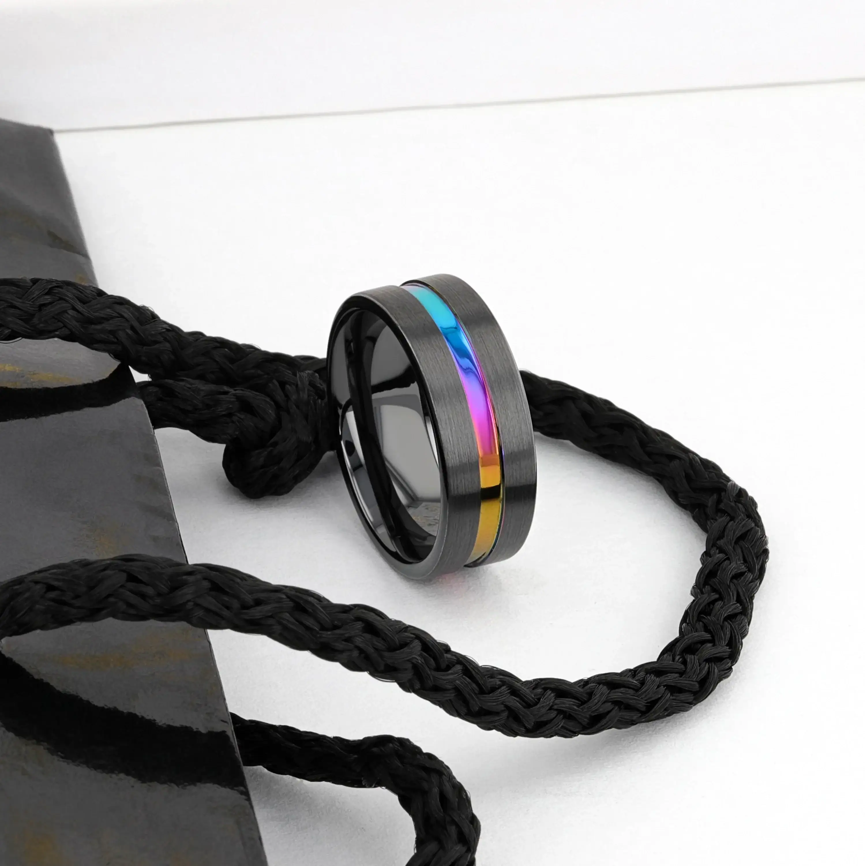 AZURE Flat Black Ceramic Ring Brushed with Rainbow Groove - 4mm - 8mm - Image 4