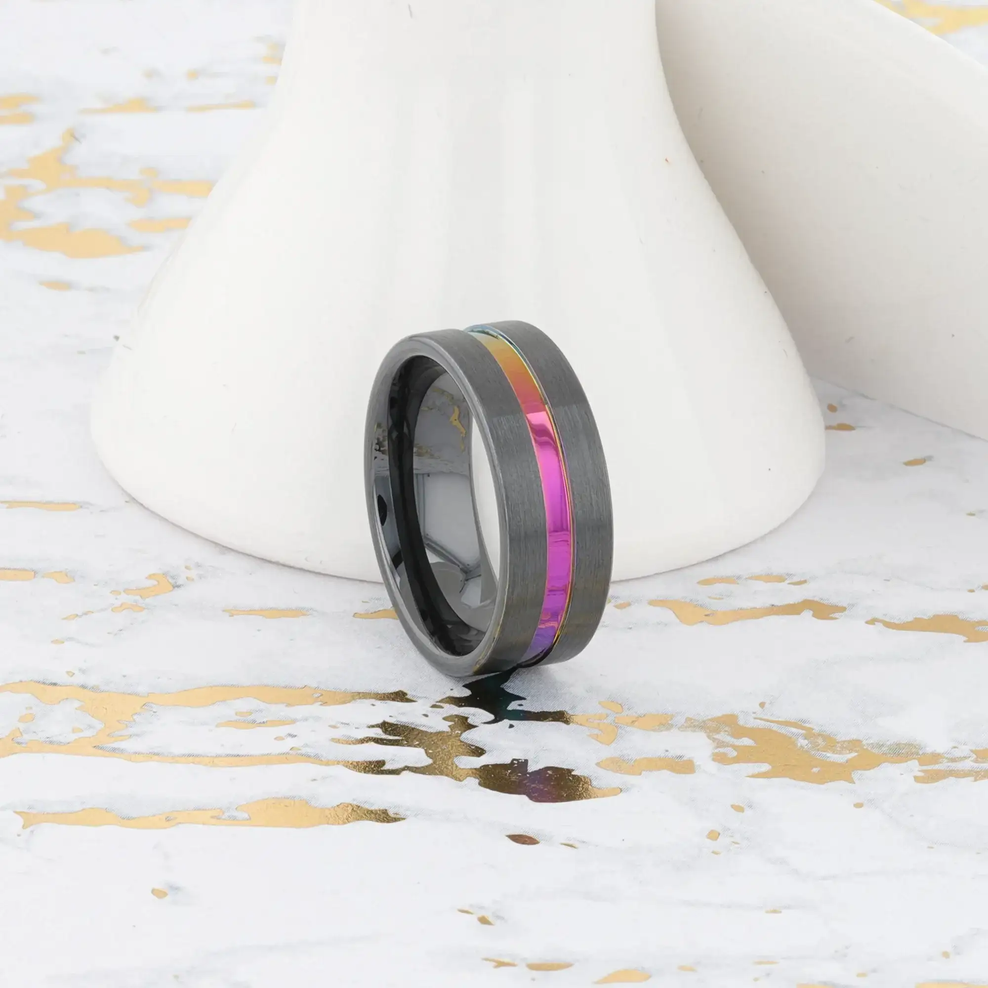 AZURE Flat Black Ceramic Ring Brushed with Rainbow Groove - 4mm - 8mm - Image 6
