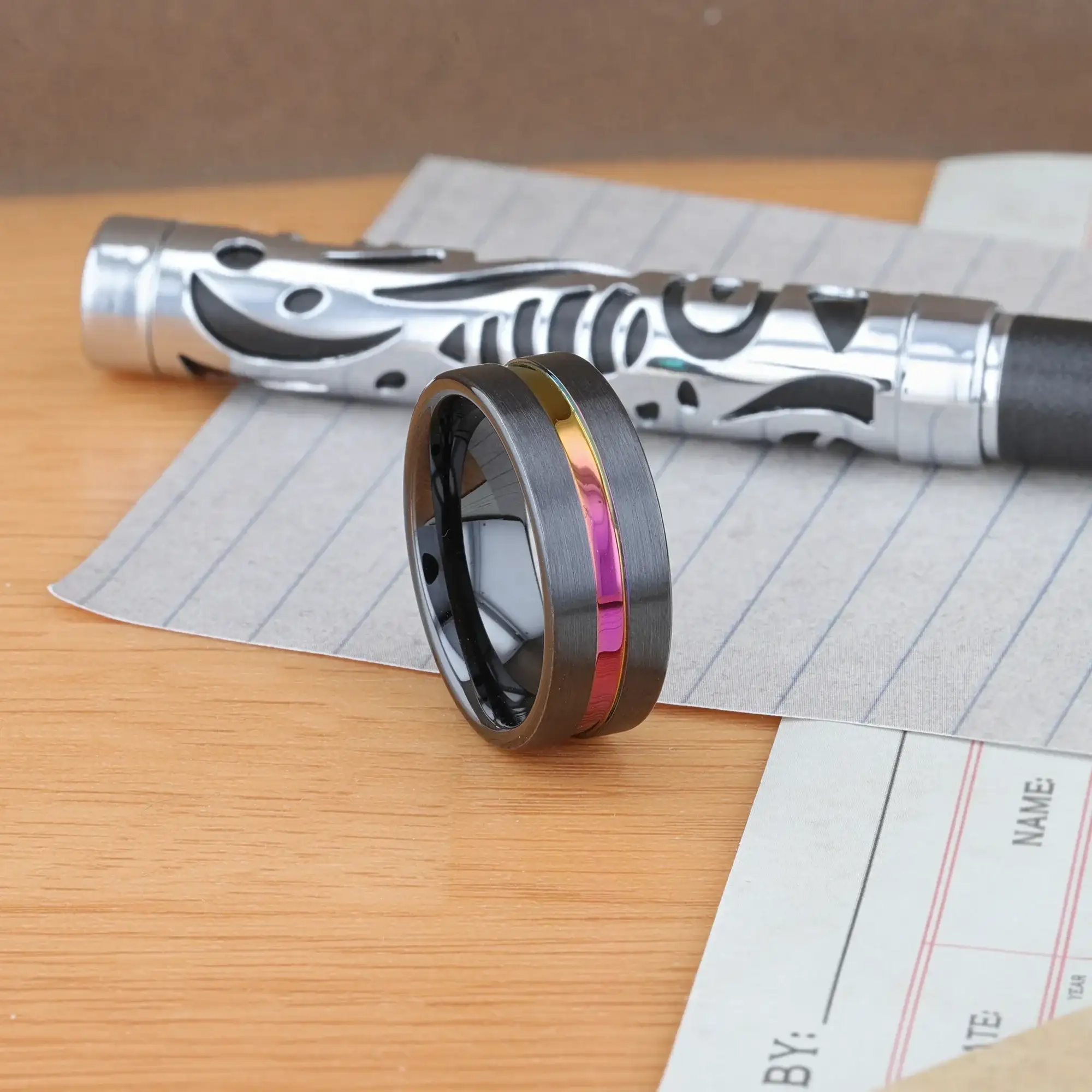 AZURE Flat Black Ceramic Ring Brushed with Rainbow Groove - 4mm - 8mm - Image 7