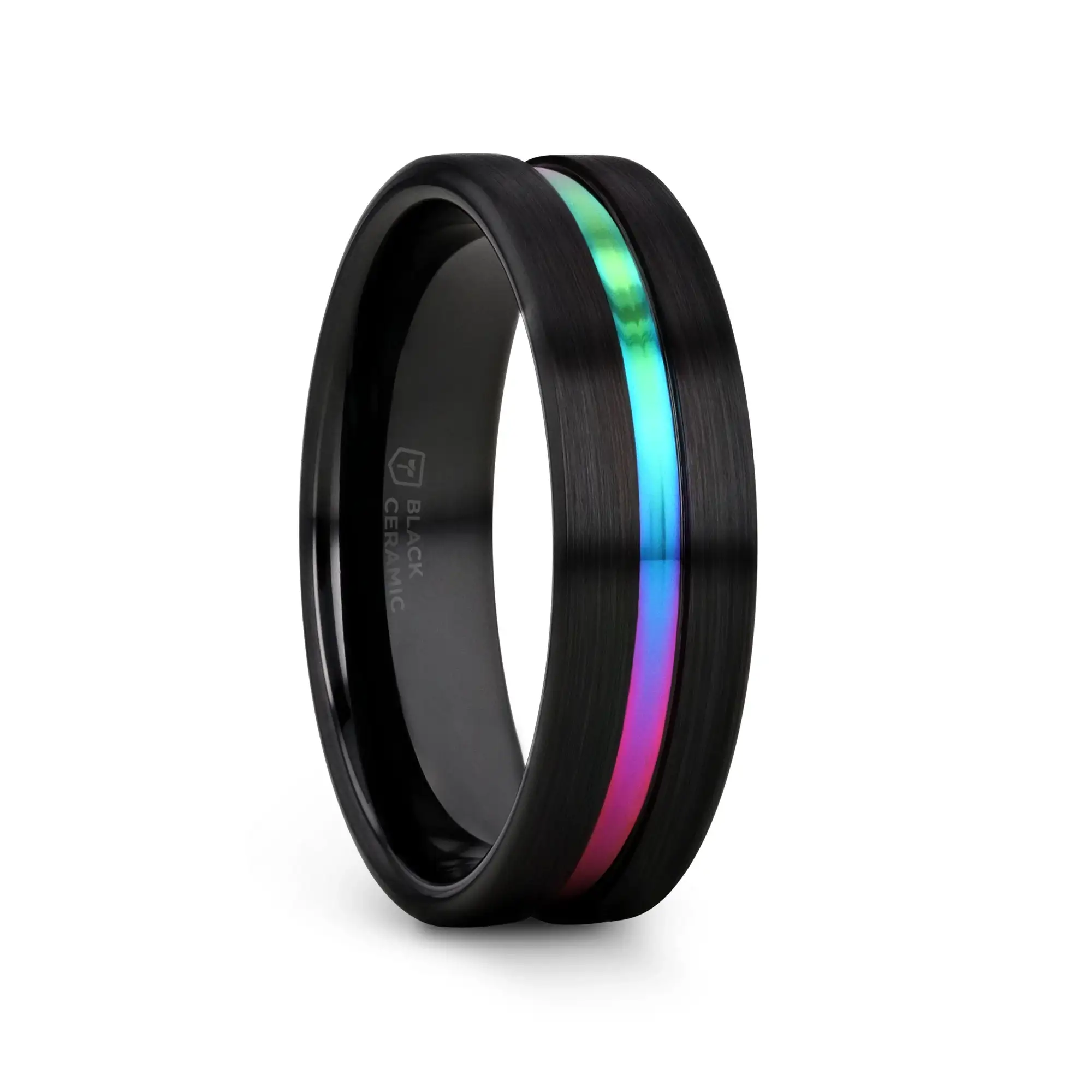 AZURE Flat Black Ceramic Ring Brushed with Rainbow Groove - 4mm - 8mm - Image 8