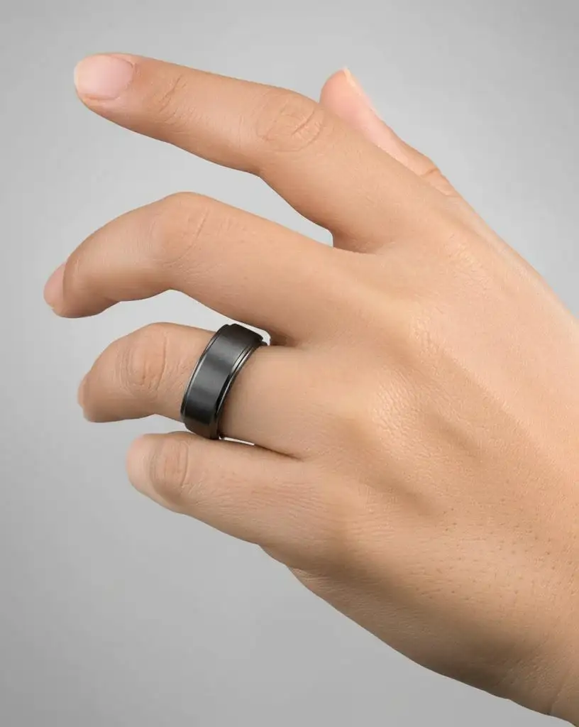 BABYLON Flat Black Titanium Ring with Brushed Raised Center & Polished Edges - 8mm - Image 4