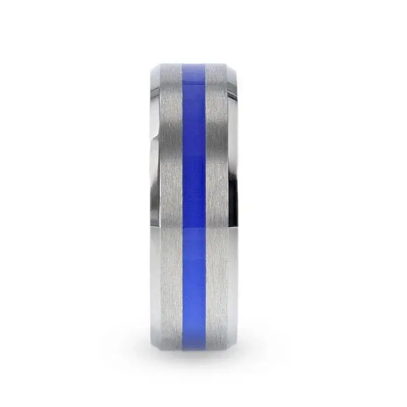 BARRY Blue Stripe Inlaid Titanium Flat Brushed Men's Wedding Ring With Beveled Polished Edges - 8mm - Image 2
