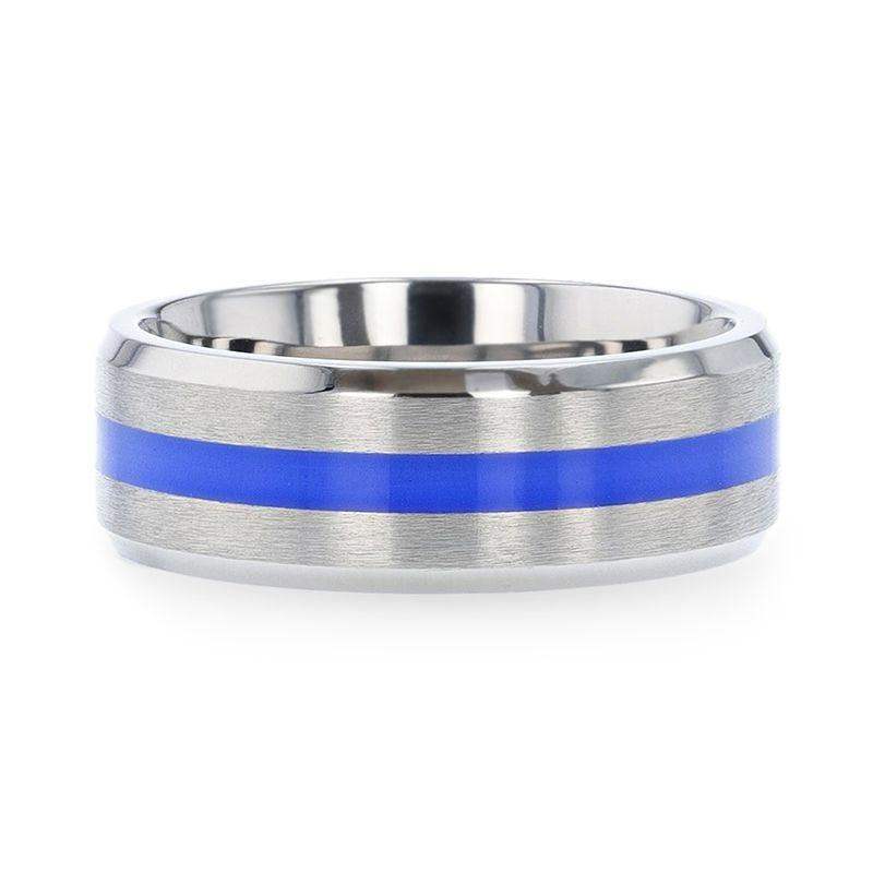 BARRY Blue Stripe Inlaid Titanium Flat Brushed Men's Wedding Ring With Beveled Polished Edges - 8mm - Image 3