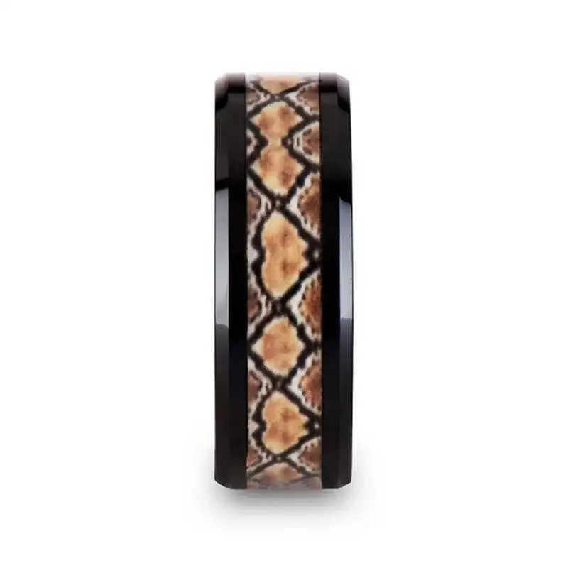 BASILISK Black Ceramic Wedding Ring with Boa Snake Skin Design Inlay - 8mm - Image 2
