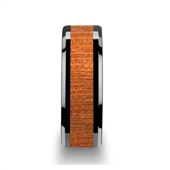BENIN Black Ceramic Wedding Band with Polished Bevels and African Sapele Wood Inlay - 6mm - 10mm - Image 2