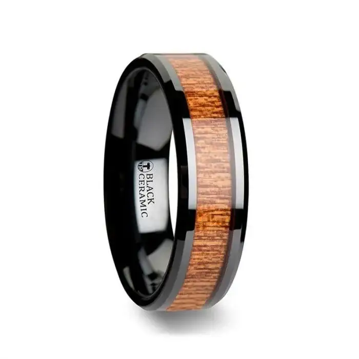 BENIN Black Ceramic Wedding Band with Polished Bevels and African Sapele Wood Inlay - 6mm - 10mm - Image 3