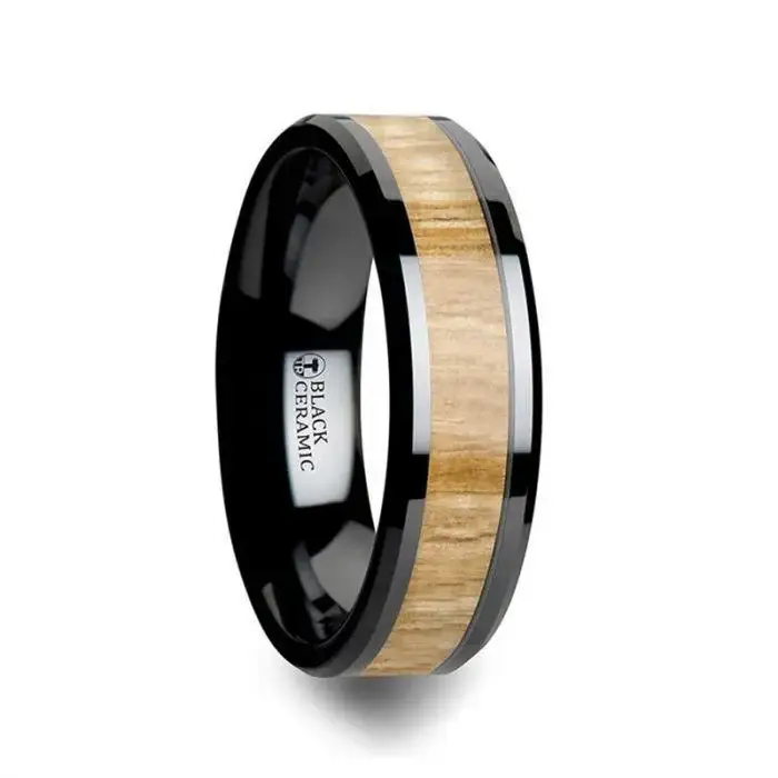 BILTMORE Black Ceramic Ring with Polished Bevels and Ash Wood Inlay - 6mm - 10mm - Image 3