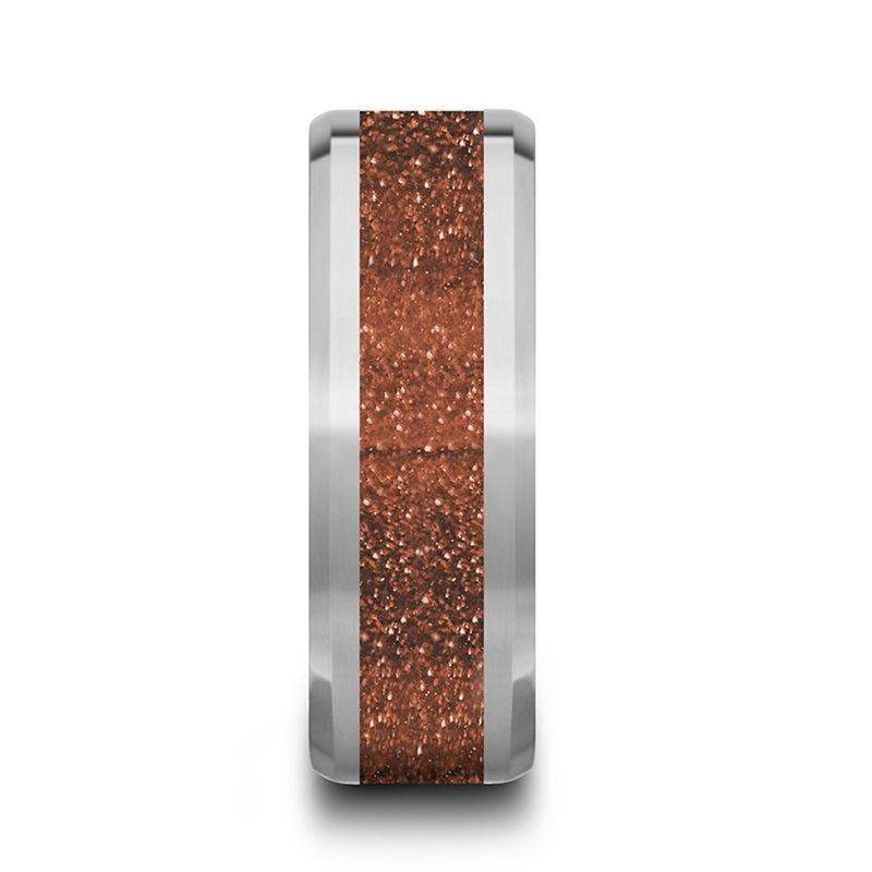 BODHI Men’s Polished Finish Beveled Edges Tungsten Wedding Band with Orange Goldstone Inlay - 8mm - Image 2