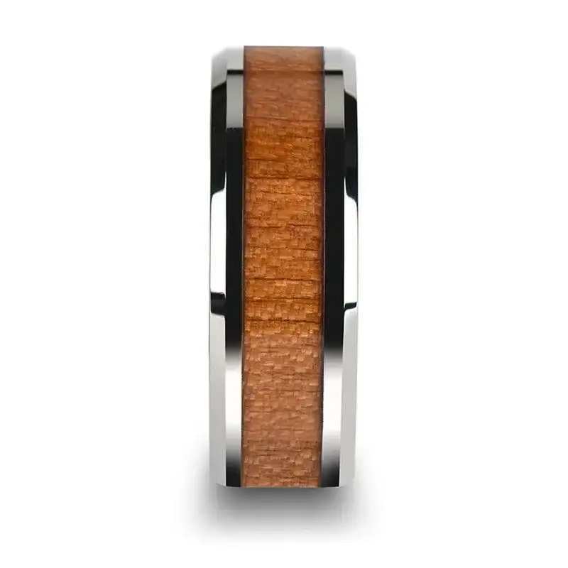BRUNSWICK Tungsten Wedding Ring with Polished Bevels and American Cherry Wood Inlay - 6mm - 10mm - Image 2