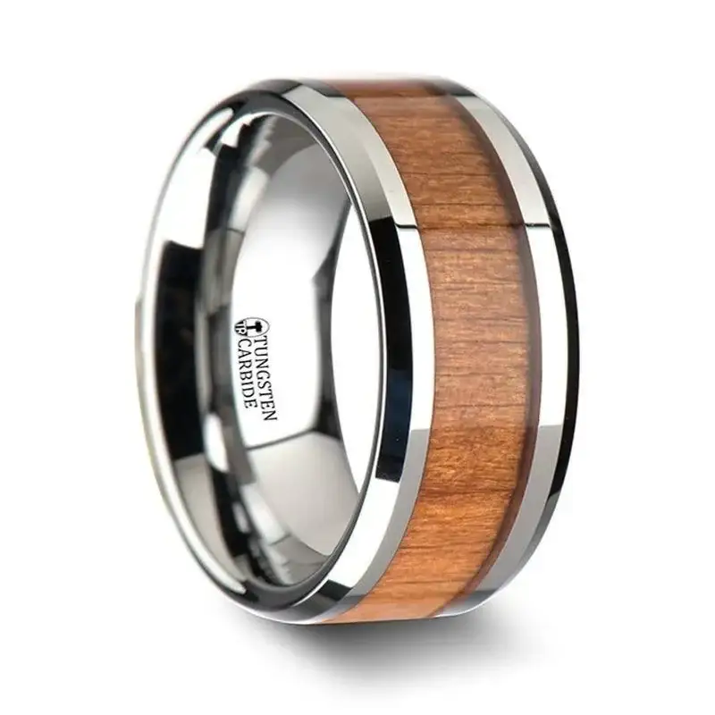 BRUNSWICK Tungsten Wedding Ring with Polished Bevels and American Cherry Wood Inlay - 6mm - 10mm - Image 4