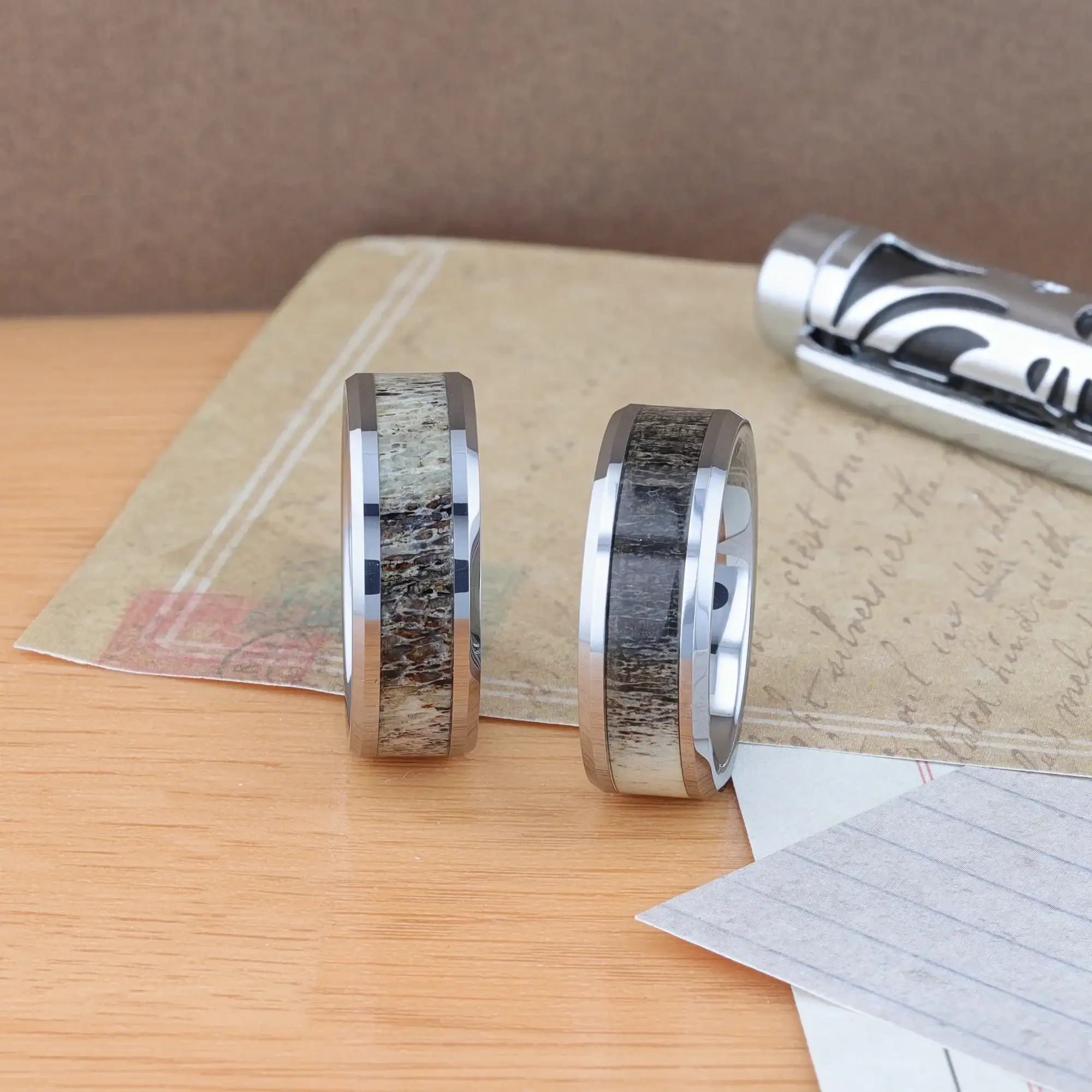 BUCK Polished Beveled Tungsten Carbide Men's Wedding Band with Ombre Deer Antler Inlay - 6mm & 8mm - Image 4