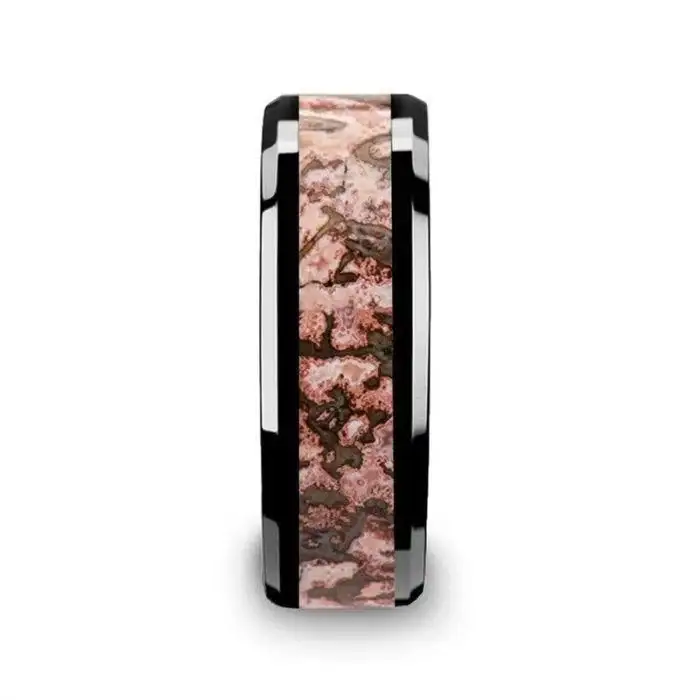 CAMBRIAN Pink Dinosaur Bone Inlaid Black Ceramic Beveled Edged Ring - 4mm & 8mm - Image 2