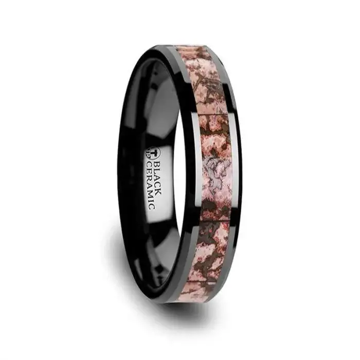 CAMBRIAN Pink Dinosaur Bone Inlaid Black Ceramic Beveled Edged Ring - 4mm & 8mm - Image 3