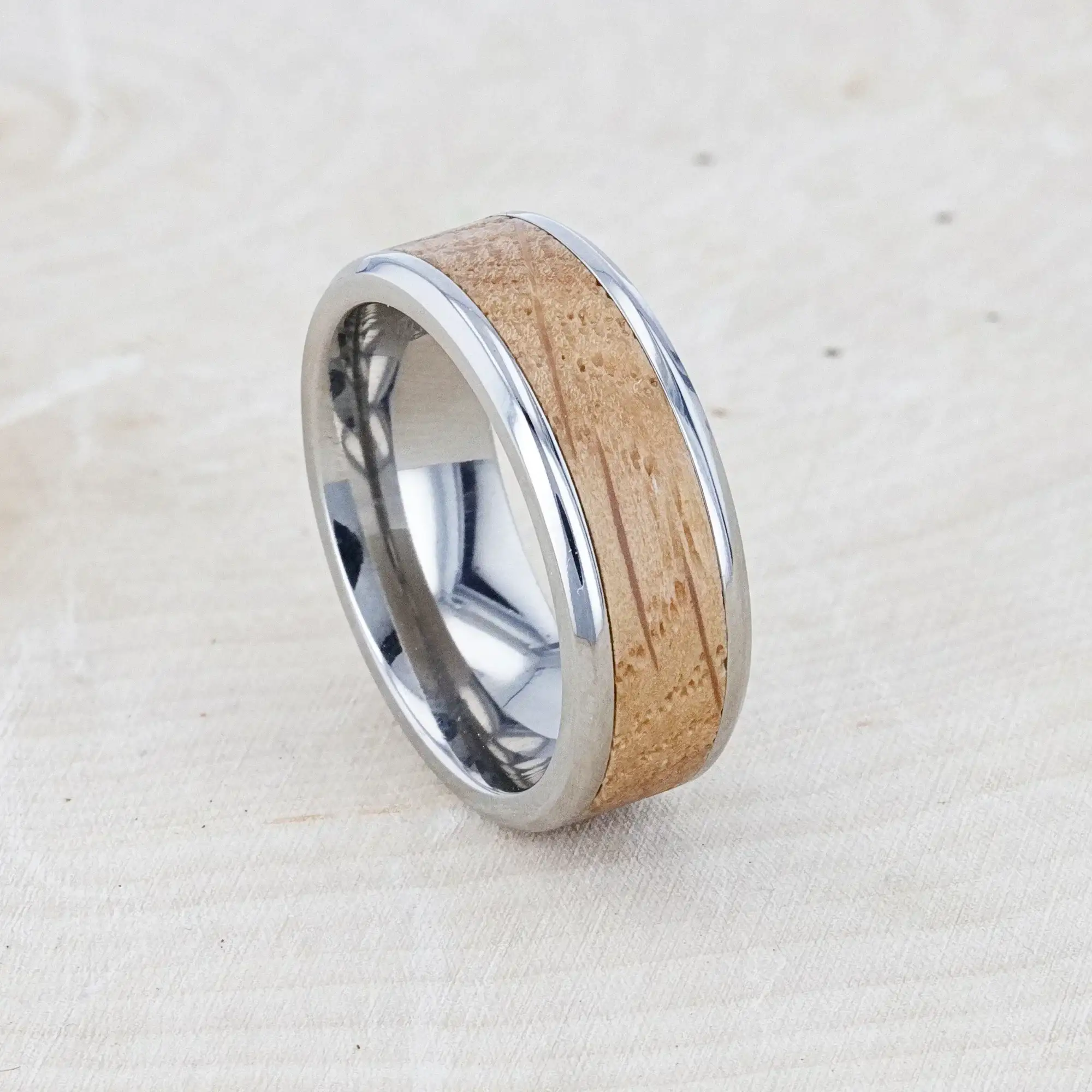 CASK Whiskey Barrel Inlaid Titanium Men's Wedding Band With Beveled Polished Edges Made From Genuine Whiskey Barrels - 8mm - Image 4