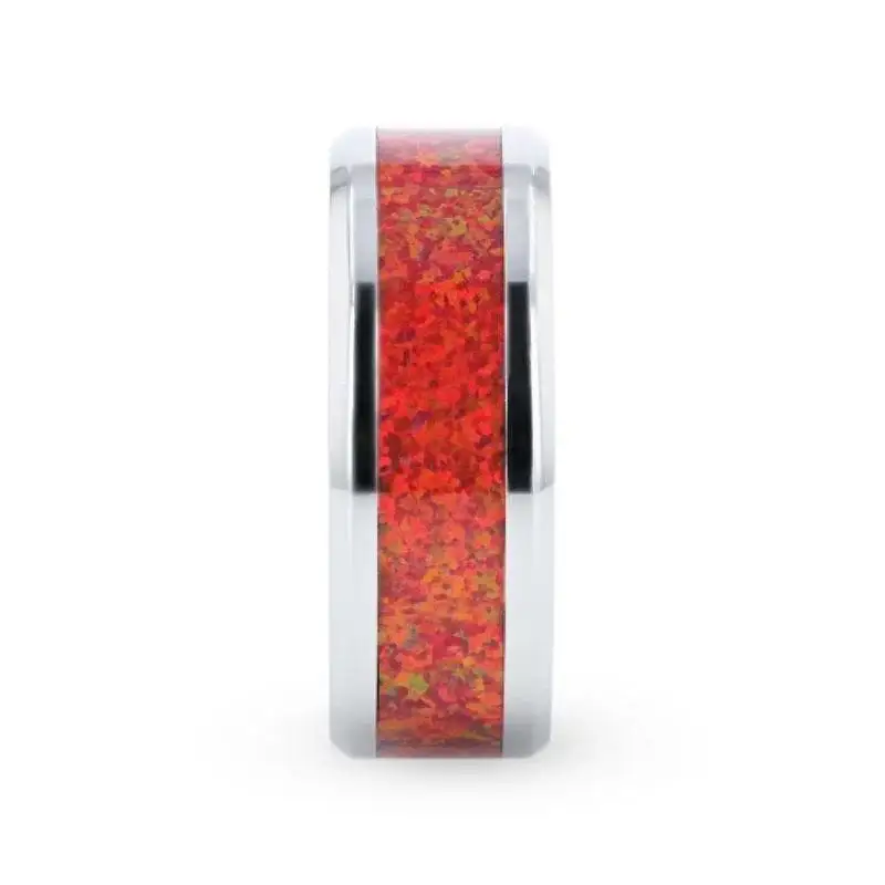 CASSIOPEIA Titanium Men 's Wedding Ring With Beveled Edges And Red Opal Inlay - 8mm - Image 2