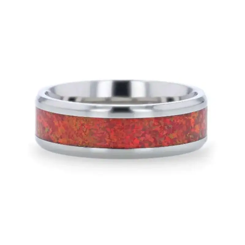 CASSIOPEIA Titanium Men 's Wedding Ring With Beveled Edges And Red Opal Inlay - 8mm - Image 3