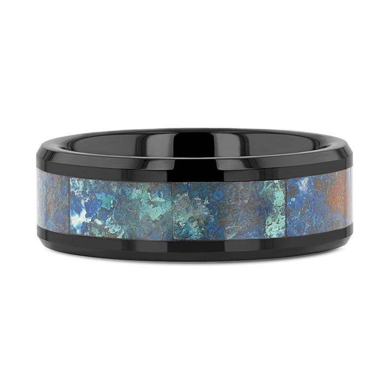 CELADON Black Beveled Ceramic Wedding Band with Polished Chrysocolla Inlay - 8mm - Image 3