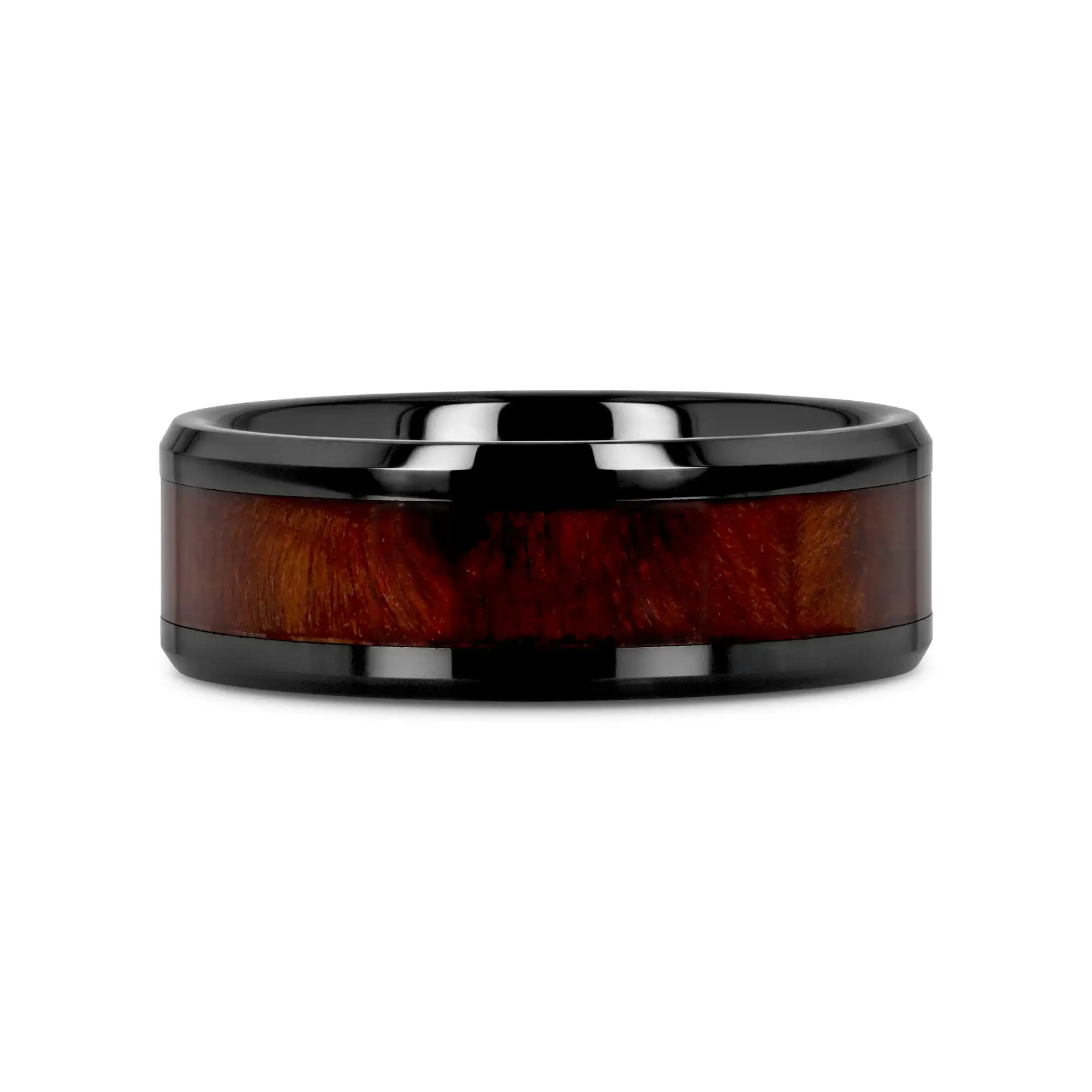 CERISE Redwood Inlaid Black Ceramic Ring with Beveled Edges - 8mm - Image 3
