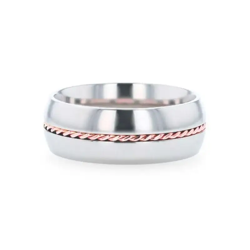 CONDUCTOR Titanium Domed Polished Wedding Ring With 14k Rose Gold Braided Inlay - 8mm - Image 3