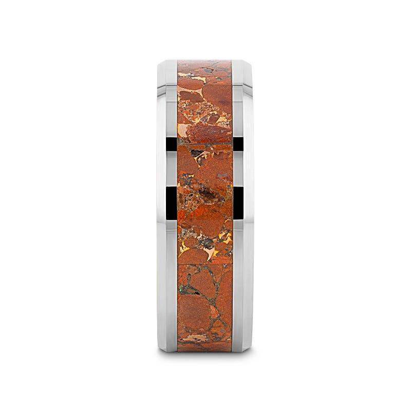 CROWN Tungsten Carbide ring with Beveled Edges and Orange Copper Conglomerate Inlay - 8mm - Image 2