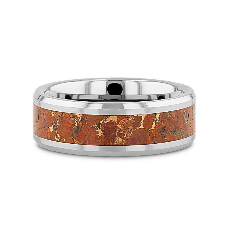 CROWN Tungsten Carbide ring with Beveled Edges and Orange Copper Conglomerate Inlay - 8mm - Image 3