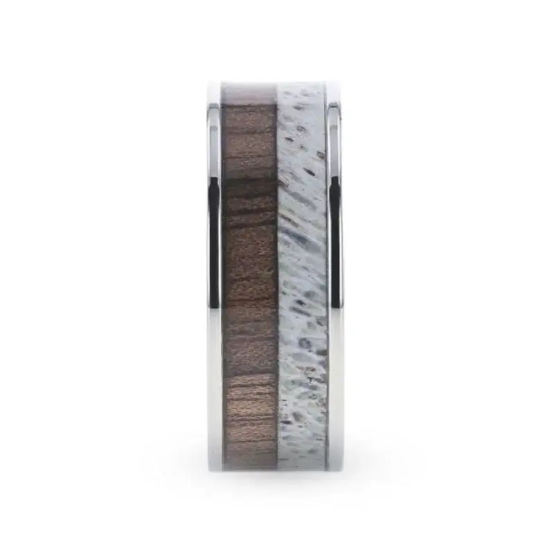 DARBY Titanium Polished Finish Flat Men's Wedding Ring With Deer Antler And Black Walnut Wood Inlay - 8mm - Image 2