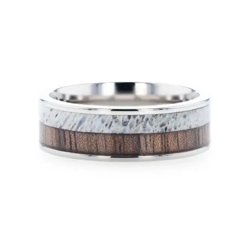 DARBY Titanium Polished Finish Flat Men's Wedding Ring With Deer Antler And Black Walnut Wood Inlay - 8mm - Image 3
